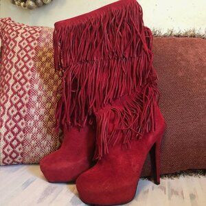 Red Suede Fringe Knee High Boot US Size 10 New With Box